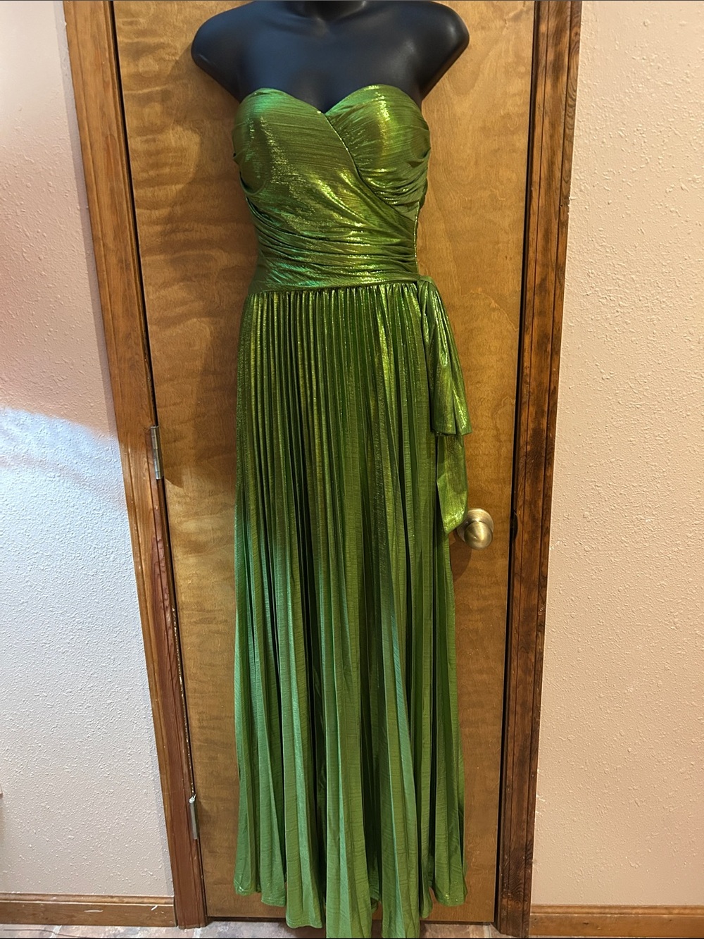 Strapless Metallic Green Prom Gown with Draped Waist